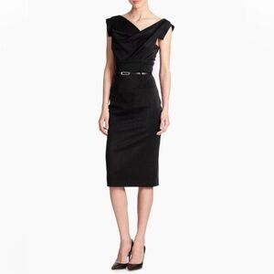 Black Halo Jackie O Belted Cocktail Sheath Dress Black Blogger Celeb Fave Sz 14